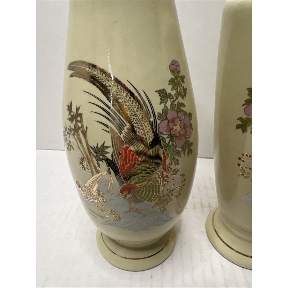 Vintage Pair Of Japan Satsuma Porcelain Vase Cherry Blossom Gold - Picture 2 of 6